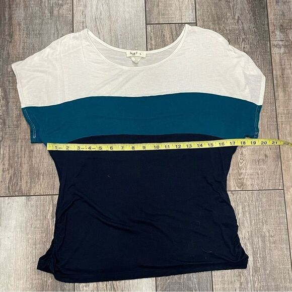 Love J Short Sleeve Color Block Striped Blouse Size Large Teal Navy Blue White - Picture 10 of 10